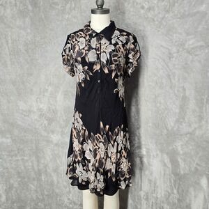 EVA BLUE Women Sz 16 Black Sheer Floral Short Sleeve Collared Button Down Dress